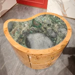 Contoured Amber Burl Wood Side Table with Green Stone Top and Two Drawers